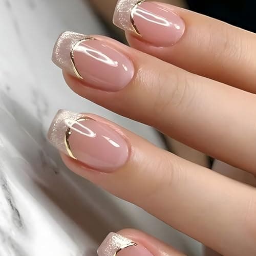 Image of 24pcs False Nails French Tip, Nude Pink Gold Edge Press On Nails, Short Square Fake Nails with Glue, Acrylic Full Cover Artificial Stick on Nails for Women French Manicure