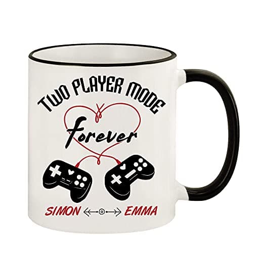 Image of Getagift Personalised Any Name Heart Controller Forever Two-Player Valentine Mode Gift for Gamer Geek Couple Video Gamers, Novelty Mug, Unique Ceramic Coloured Rim Mug. (Black Rim)