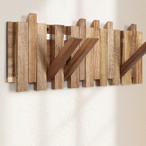 Image of KINGSOW Coat Rack Wall Mounted: Rustic Wooden 8 Flip-Down Hooks – 42.5x17x2.5cm Space-Saving Hallway Wall Hooks for Coats Jackets Bags Hats (Staggered Style)