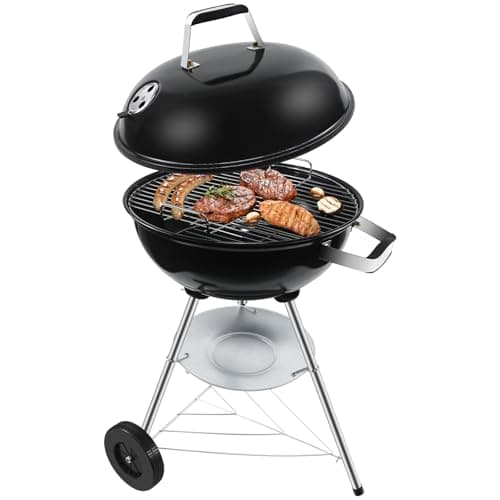 Image of kisidus Charcoal BBQ Grill, Outdoor Barbecue Portable Kettle Coal with Wheels, 41cm Grill Area, Stand Ball Rounded Barbecue Grill Camping Garden Black