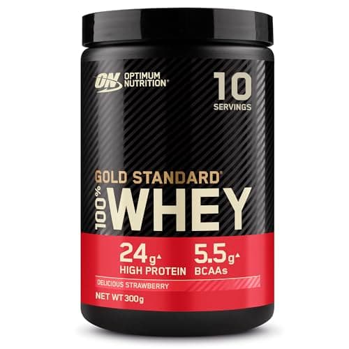 Image of Optimum Nutrition Gold Standard 100% Whey Muscle Building and Recovery Protein Powder with Naturally Occurring Glutamine and BCAA Amino Acids, Delicious Strawberry Flavour, 10 Servings, 300g