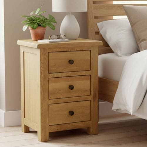 Image of GROFurniture XL Oak Bedside Table 3 Drawer Large Bedside Cabinets - Solid Wooden Bedside Tables with Drawers Oak Side Table Bedroom Furniture Rady Assembled
