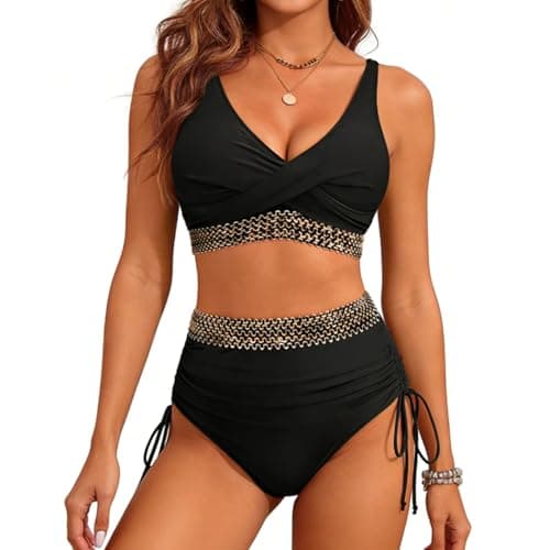 Image of High Waisted Bikini Sets for Women Tummy Control Swimsuit 2-Piece – with Flattering Ruching & V-Neck, Adjustable & Removable Padded for Beach Vacation (UK, Alpha, M, Regular, Regular, Black)