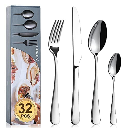 Image of Cutlery Set, BEWOS 32 Piece Stainless Steel Flatware Set, Tableware Silverware Set with Spoon Knife and Fork Set, Service for 8, Dishwasher Safe/Easy Clean, Mirror Polished