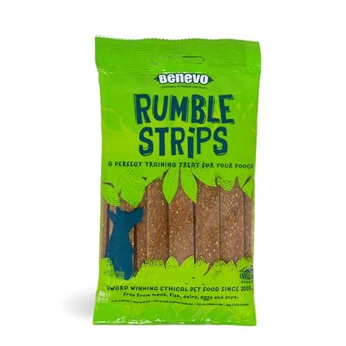 Image of Benevo Vegan Dog Chews. Low fat Rumble Strips ideal training treats or rewards. Cold pressed jerky style chews, soft enough to tear. Non-GM, vegetarian hypoallergenic. Approx 20 chews per pack, 180g