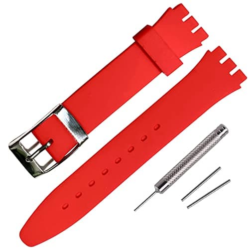 Image of Rihahisy Silicone Rubber Watch Strap/Watch Band Replacement with Stainless steel silver buckle for Swatch (17mm, Red)