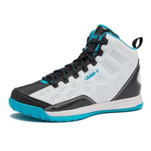 Image of AND1 Showout Girls & Boys Basketball Shoes Kids, Boys High Top Sneakers, Youth Size 1 to 7 Kids Basketball Shoes Boys, White/Black/Aqua Blue, 7 Big Kid