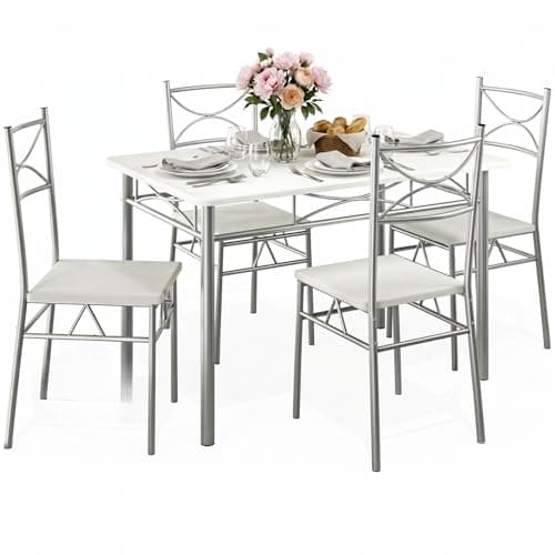 Image of CASARIA® 5 Piece Dining Table and Chairs Set 4 | Dining Table & Dining Chairs Set of 4 | Home and Kitchen | Modern Table and Chairs | Dining Chairs Dining Table Dining Kitchen Set | White & Silver