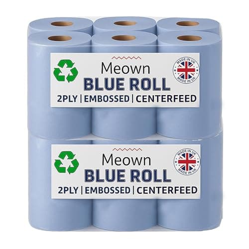 Image of Meown Blue Centrefeed Roll 2-Ply – Heavy Duty Embossed Cleaning Towels | Perforated, Absorbent Blue Paper & Industrial Tissue Roll for Kitchen, Garage, Home, Commercial Use – Pack of 2 (12 Rolls)