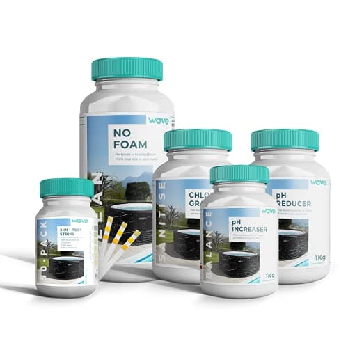 Image of Wave Hot Tub Chemicals Starter Kit for Hot Tub and Spa Water Treatment – Contains Chlorine Granules, pH Plus, pH Minus, No Foam and Test Strips