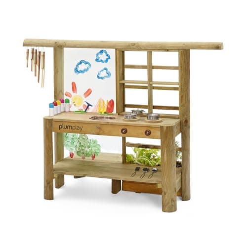 Image of Plum Discovery Outdoor Mud Pie Kitchen Sensory Play - Built in Planter-Garden Tools, Sink, Cooking Utensils, Easy Clean Paint Screen with Water Based Paint, Suitable for 3 Years Plus (110401C108)