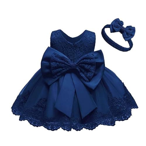 Image of Baby Girl Christening Tutu Lace Dress with Headwear Little Princess Lace-Trimmed Colour-Block Baby First Birthday Dress Infant Girls' Formal Dresses Pageant Baptism Wedding Formal Bowknot Dark Blue