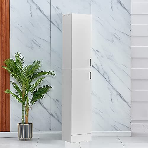 Image of Kitchen Tall Cupboard, Narrow Floor Stand Cupboard Organizer, High Gloss Wood Slim Storage Unit with 2 Doors 4 Shelves, Tallboy Corner Shelving Cabinet for Living Room Bedroom Bathroom Office, White
