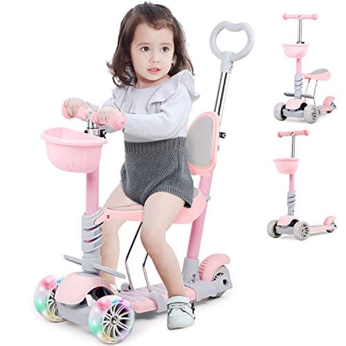 Image of Hello-5ive 5-in-1 Kids Scooter, 3 Wheels Toddler Kick Scooter with LED Flashing Light UP Wheels, Removable Seat&Adjustable Handlebar&Push Handle, Lightweight Push Scooter for Age 1-8 Boys Girls (Pink)