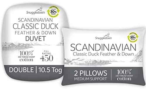 Image of Snuggledown Duck Feather & Down Double Duvet 10.5 Tog & 2 Pillows - Natural Fill All-Season Quilt with 85% Feather, 15% Down | 230TC Cotton Cover, Box Stitched, UK-Made, Machine Washable (200 x 200cm)