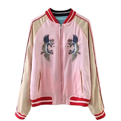 Image of Viport Women's Reversible Crane Tiger Fujiyama Embroidery Bomber Jacket Japanese Style Pink Blue - Black - Medium