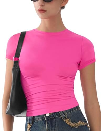 Image of Womens Basic Short Sleeve Slim Fit T Shirts Soft Crewneck Crop Y2k Tees Summer Stretchy Cute Tops Hot Pink XS