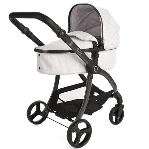 Image of Roma egg 2-in-1 Baby Toy Dolls Pram - Houndstooth Silver Toy Pushchair with Adjustable Handle, Cocoa Leatherette, 3-Point Harness, Lightweight Frame, Perfect for Reborns & Teddies
