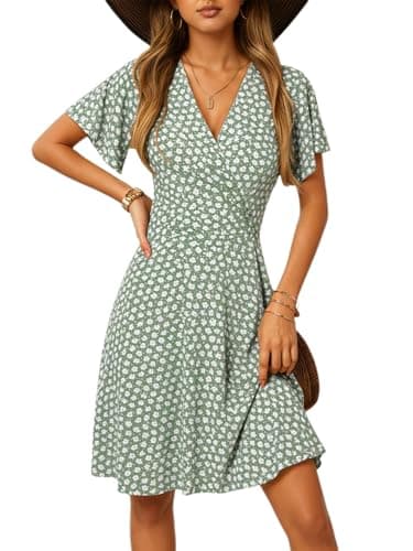 Image of Oyamiki Summer Dresses Casual V Neck Beach Fashion Wrap Dress A-Line Flared Sleeve Green Swing Floral Sundress S