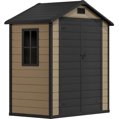 Image of DWVO 6x4 FT Outdoor Resin Storage Shed with Reinforced Floor, All-Weather Bike Storage Shed with Lockable Door, Window and Vent, Waterproof Plastic Tool Storage for Garden, Backyard, Patio, Lawn,Brown