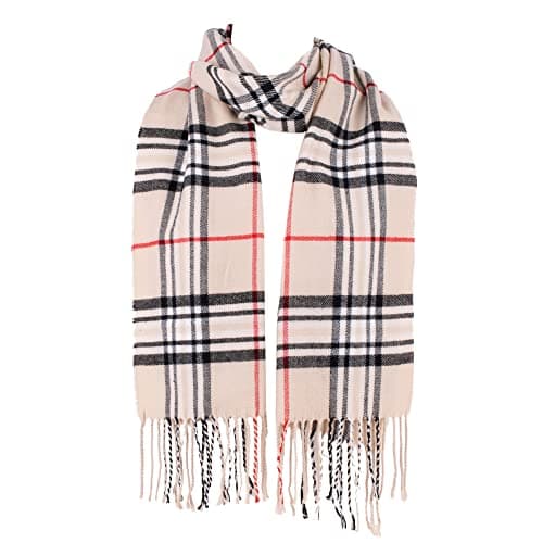 Image of Hat To Socks Classic Unisex Plaid Winter Scarf - Super Soft Warm Tartan Check Wrap for Men and Women (Beige)