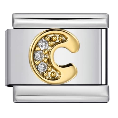 Image of Mon & Sons C Crystal 18k Letter Initial Name Tag Alphabet Personalised Birthday Silver Italian 9mm Link Stainless Steel Bracelet Charm Compatible With 9mm Link