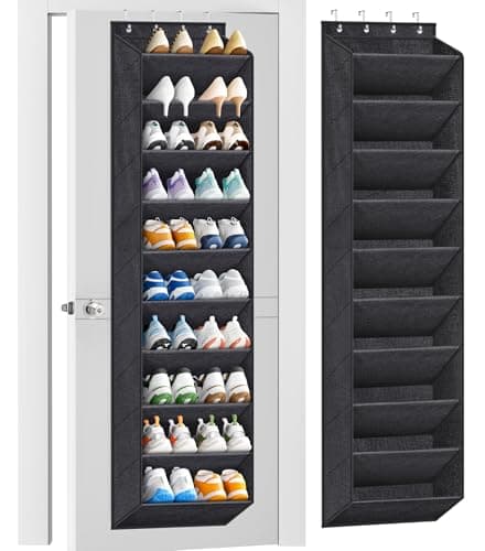 Image of MISSLO 10 Tier Over Door Shoe Organiser with Large Pockets, Hanging Shoe Rack for Wardrobe Door Storage Organizer, Fits 20 Pairs of Sneakers Boots Holder Hanger, Black