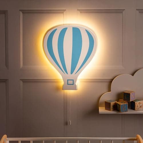 Image of Marco Paul Blue & White Hot Air Balloon Wooden Night Light Wall Mounted Nursery Lighting Baby Kids Childs Room Wall Lamp Bedroom Décor Bedside Lamp