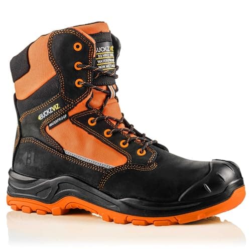 Image of Buckler Buckbootz BVIZ1 Waterproof Hi Vis Safety Work Boots Buckz Viz Metal Free (Black/Orange, UK Footwear Size System, Adult, Men, Numeric, Wide, 13)