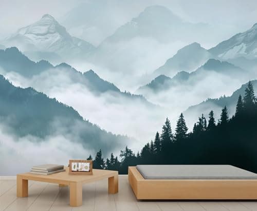 Image of Misty Mountain Scenic Murals Dark Green Coniferous Forest Art Deco Wallpaper Natural Landscape Wallpaper Mountain Ranges Valley Bedroom Wall Paper for Bedroom Living Room Wall Mural Poster 450X300cm