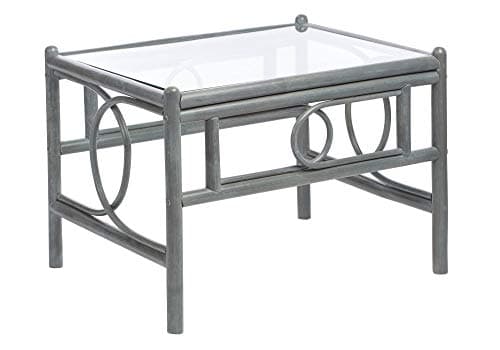 Image of Desser Madrid Grey Coffee Table with Toughened Glass Top – Sturdy Natural Rattan Cane Pole Frame – Luxury Indoor Conservatory or Living Room Furniture - H48cm x W67cm x D53cm