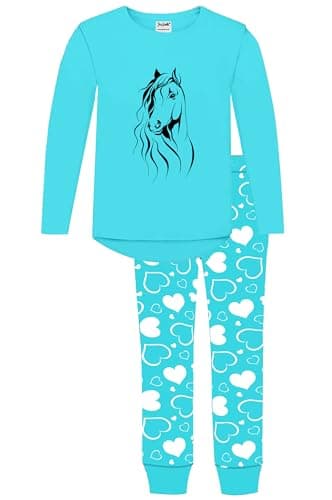 Image of Jujak Girls Horse Pony Pyjamas Pjs Cotton (UK, Age, 8 Years, 9 Years, Regular, Cyan/White)
