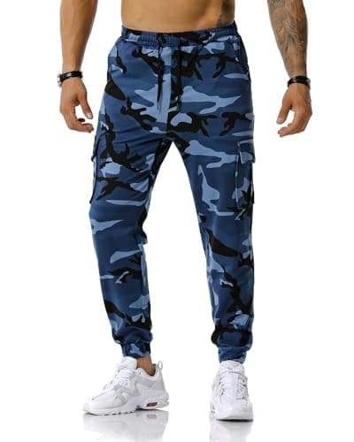 Image of MakingDa Camouflage Tracksuit Bottoms Men Camo Jogging Sports Trousers Cargo Joggers Pants Skinny Elastic Waist Drawstring Multi Pocket Work Combat Gym Sweatpants-Denim Blue-42