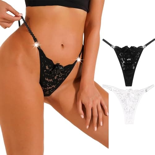 Image of FULLJOYLOVE Women's Sexy Lace Mesh Hollow Panties Waist Belt Drill Seamless Knickers Ladies Stretchy Low Rise Bikini Briefs Hipster Lace Underwear for Female Black White 2 Pack