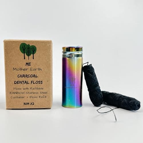 Image of Vegan Biodegradable Bamboo Charcoal Dental Floss with Refillable Stainless Steel Rainbow Container | Extra Floss Refill | Natural Candelilla Wax | 30M x2 | Peppermint | Eco Zero Waste Oral Care