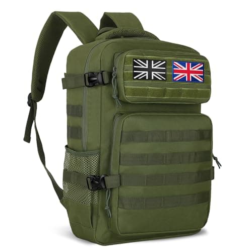 Image of Lesbyit 36L Waterproof Tactical Backpack Hiking Backpack Military Backpack with Ventilated Straps, Multi-Compartment Camping Rucksack for Trekking, Travel & Outdoor – with 2 Flag Patches (Green)
