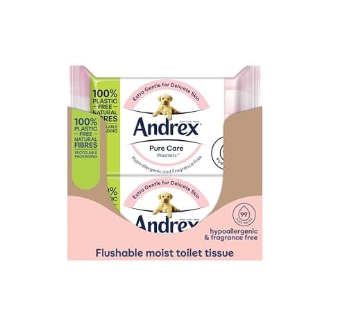 Image of Andrex Pure Care Washlets - Flushable Toilet Wipes - Extra Gentle for Delicate Skin - Fragrance Free and Hypoallergenic - Biodegradable and Plastic-Free - 12 Packs
