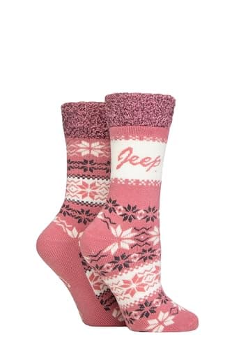 Image of Jeep Ladies Thermal Boot Socks - Fluffy Cuff Soft Top Fairisle Patterned Cushioned Warm Winter Socks for Walking, Hiking & Outdoor Wear 2 Pair Multipack Size 4-8 Rose/Slate