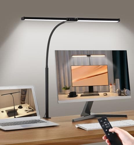 Image of Desk Lamp with Clamp, Double Head Desk Light with Remote Control, 5 Lighting Modes & 10 Brightness Levels Clip-On Desk Lamp with Power Adapter, Eye-Caring Table Lamp, LED Monitor Light, Black