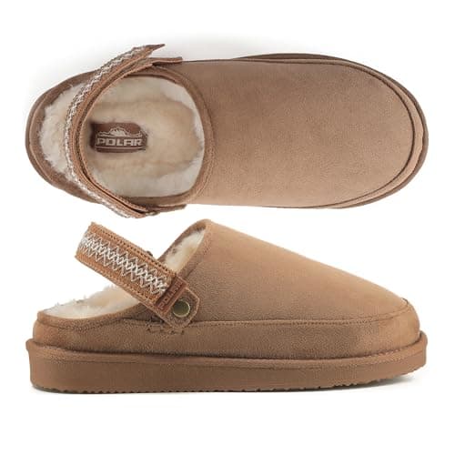 Image of Polar Women's Suede Comfort Faux Fur Slippers – Breathable Slip-On with Adjustable Strap & Lightweight Durable Sole – Casual Everyday Footwear for Home, Travel & Walking – Tan Aztec 5