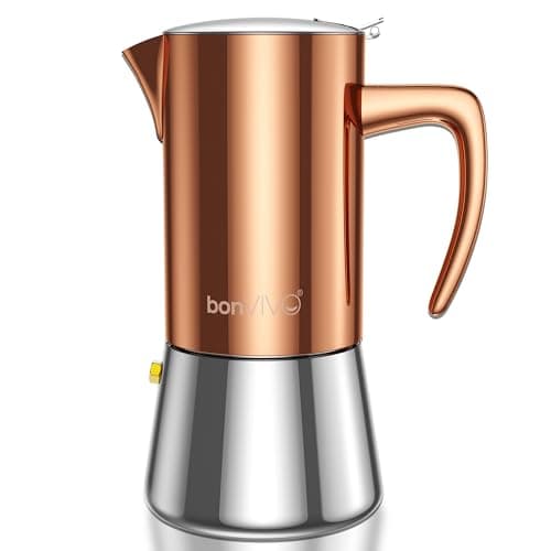 Image of bonVIVO Moka Pot 6 Cup (300ml) – Intenca Stainless Steel Espresso Maker with Copper Finish, Stove Top Italian Coffee Maker for Gas & Electric Hobs, Classic Coffee Pot, Gift for Men & Women