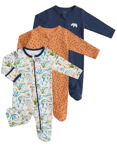 Image of JiAmy Baby Boys Girls Cotton Sleepsuits 3 Pack, Zip-Up Babygrow with Footed and Fold-Over Mittens Navy 3-6 Months