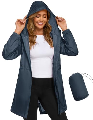 Image of CMTOP Waterproof Jacket Women Lightweight Packable Rain Jackets Casual Hooded Windbreaker Breathable Functional Raincoat Mid-length Outdoor Softshell Jacket for Walking Hiking(Blue, M)