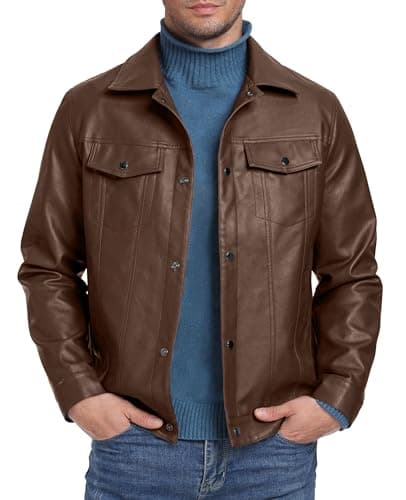 Image of Sailwind Men's Leather Jacket Lapel Collar Motorcycle Coat Snap Button Faux Leather Bomber Jackets (Brown, L)