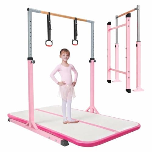 Image of BREEZENEST Adjustable Gymnastics Bar for Kids, 13-Level Height Gym Bars (100-158cm) with Rings - Steel Frame & Beechwood Bar for Home Training, Indoor Outdoor Use (Pink + Cushion)