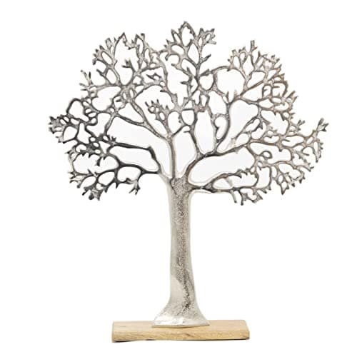 Image of Carousel Home 63cm Elegant Silver Tone Tree Of Life Sculpture | Extra Large Silver Metal Tree Ornament On Wooden Base | Aluminium Family Tree Wood Stand