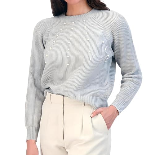 Image of French Connection Women’s Pearl Embellished Sweater - Long Sleeve Crewneck Pullover Knit Fashion Top, Gray, XL