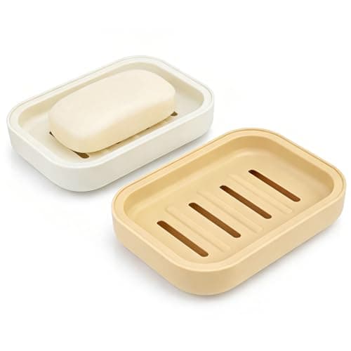 Image of 2PCS Soap Dish, Soap Dish for Shower, Double Soap Dish with Drainage, Anti-Slip and PortableSoap Holder for Bathroom, Kitchen Sponges, Keep Soap Dry and Clean(White & Khaki)