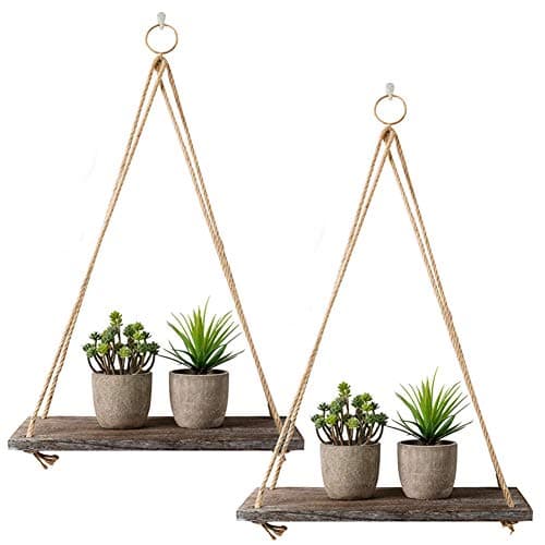 Image of Rustic Shelf 2 Pcs Wooden Floating Shelves with String Rope Hanging Floating Shelves Rustic Distressed Wood Hanging Shelves Wood Wall Decor Swing Rope Floating Shelf with Hooks for Living Room (Large)