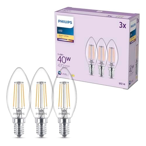 Image of Philips LED Light Bulb, 3 Pack, B35, E14, 470 Lumens, 40W, Candle Design, Long Lifetime, Warm White Light 2700K, Clear Bulb